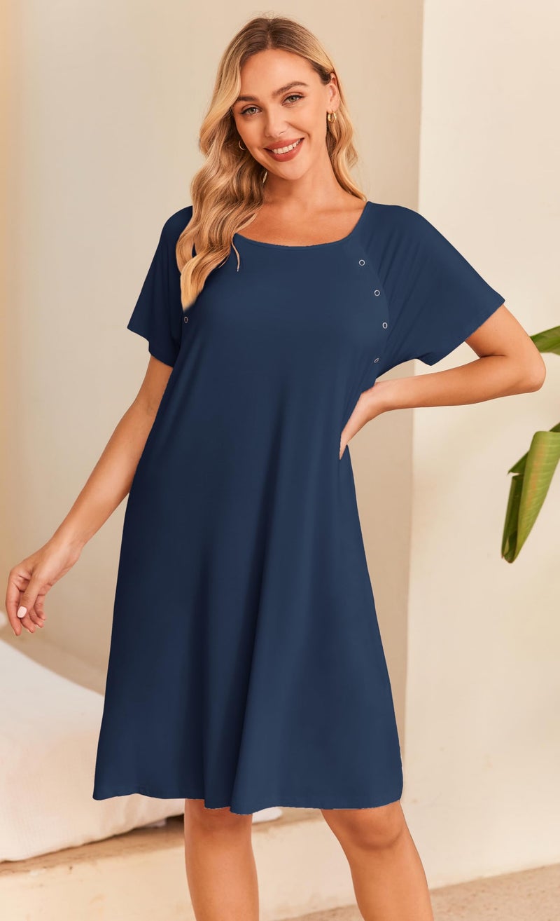 Ekouaer Womens, Maternity Nightgown Nightshirt, Short Sleeve, Sleepshirt, Cotton Nursing Nightwear, 1 Navy Blue, Small - Image 5